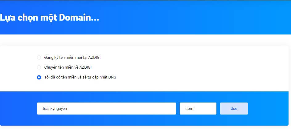 Nhập tên miền mà bạn muốn dùng gói hosting AZDIGI