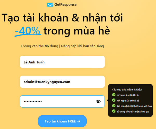 cách tạo tài khoản Getresponse 2