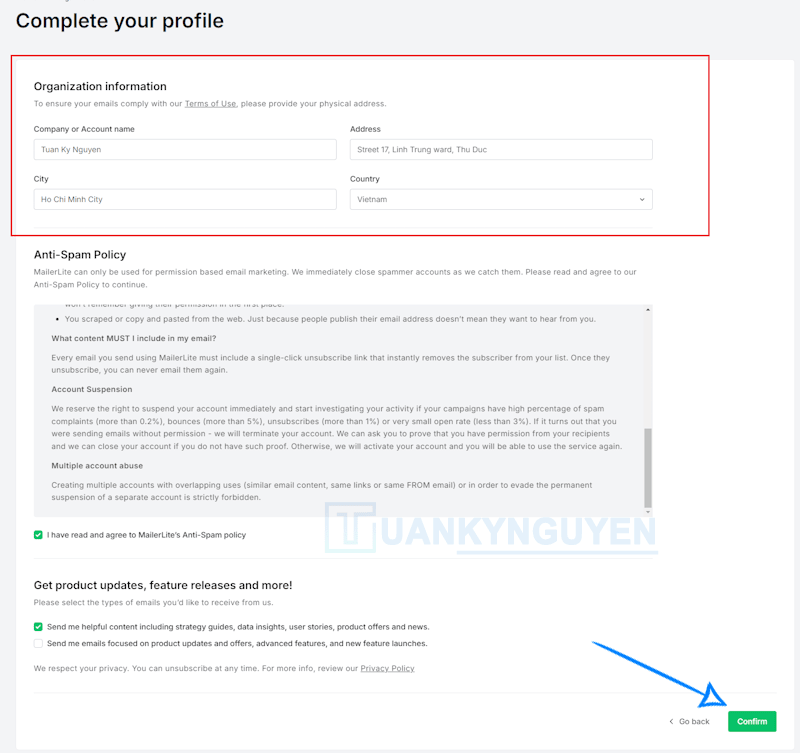 xác thực tài khoản đăng ký Mailerlite