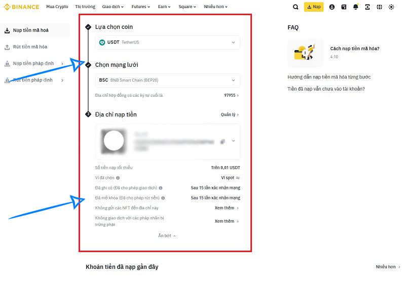 Nạp tiền mã hóa vào Binance