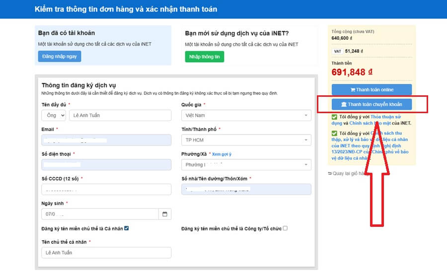 Đăng ký mua tên miền iNET 7