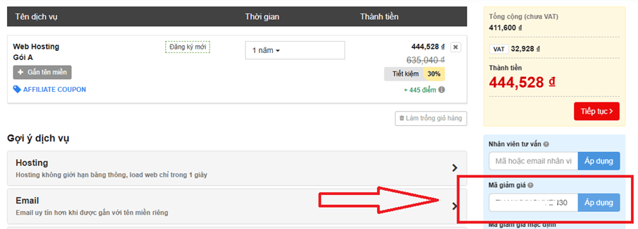 nhập mã giảm giá inet