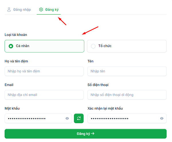 Form đăng ký tài khoản mới