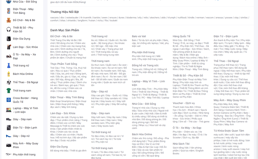 tìm ngách từ danh mục Tiki