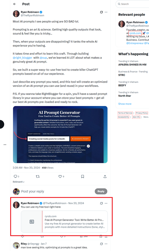 Ryan Robinson t6ạn dụng X để kéo người dùng về blog của anh ấy