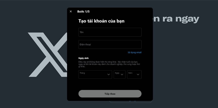 Tạo tài khoản X bước 2